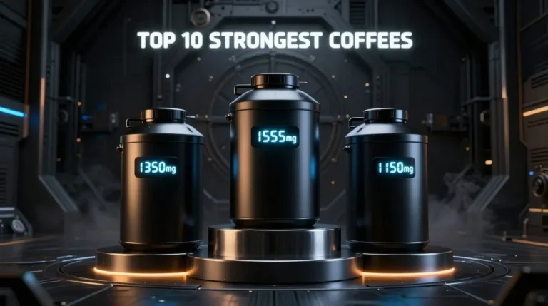 Top 10 strongest coffee brands ranking featuring industrial canisters with 1555mg, 1350mg, and 1150mg caffeine concentrations.