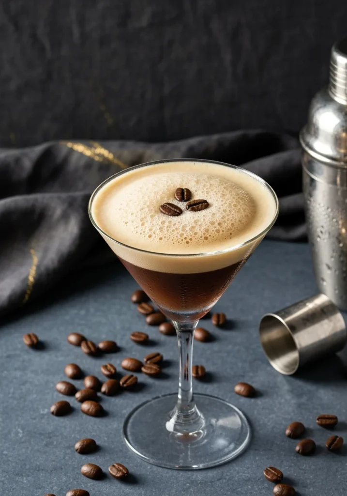 Creamy Espresso Martini Recipe for Coffee Lovers 4 A glass of creamy Espresso Martini with a thick crema top, garnished with three coffee beans, illustrating the result of a "how-to" recipe.