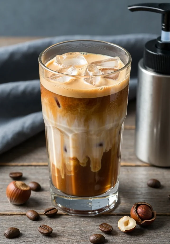 Creamy iced hazelnut oatmilk shaken espresso in a glass with ice cubes, surrounded by coffee beans and hazelnuts on a wooden surface.

