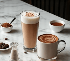 3 Key Differences Between a Latte and a Mocha Explained 6 Latte vs mocha comparison showing tall layered latte glass and ceramic mocha cup with chocolate latte art, coffee beans, cocoa powder, and milk on marble surface