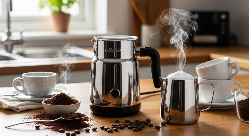 Professional milk steamer machine with steaming pitcher and coffee cups on kitchen counter