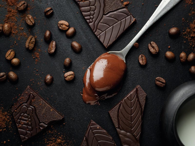 Melted chocolate in spoon with coffee beans and chocolate pieces showing mocha vs chocolate ingredients comparison