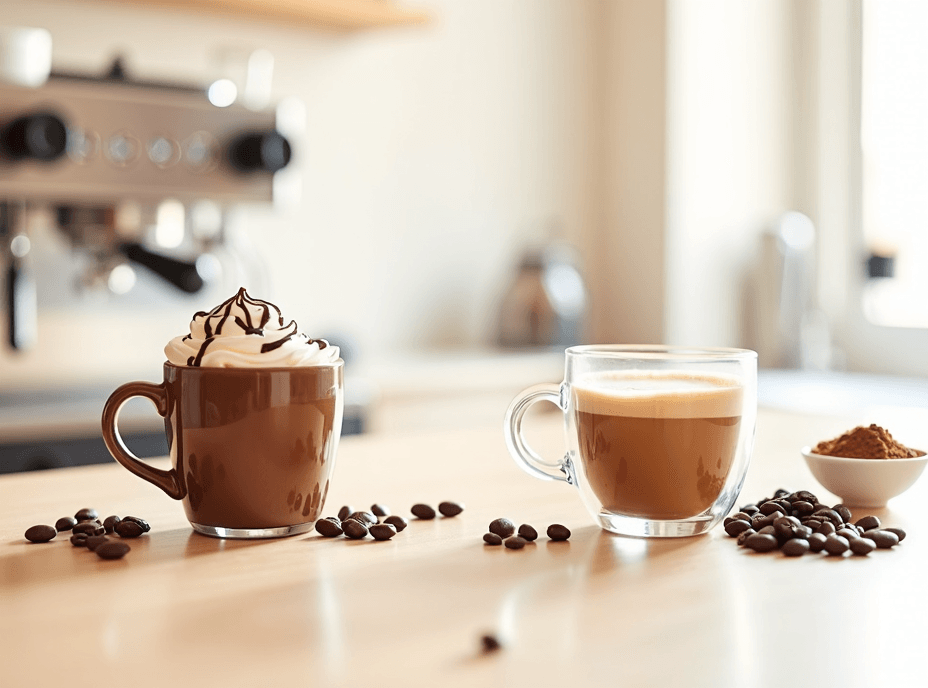 3 Key Differences Between a Latte and a Mocha Explained 8 Mocha vs latte comparison showing chocolate mocha with whipped cream and clear glass latte with layered milk foam on wooden table with coffee beans