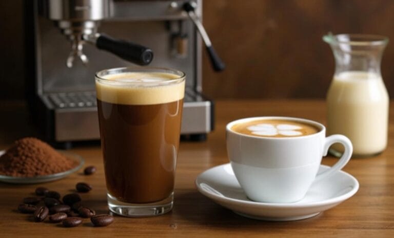 Mocha Vs Macchiato 3 Key Differences in Taste and Ingredients 4 Mocha vs macchiato comparison showing layered mocha in glass and macchiato in white cup with espresso machine and coffee beans