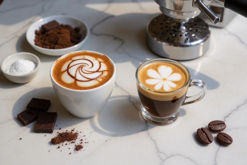 Mocha vs macchiato flavor comparison showing latte art coffee cups with chocolate ingredients, cocoa powder, sugar, and coffee beans on marble surface
