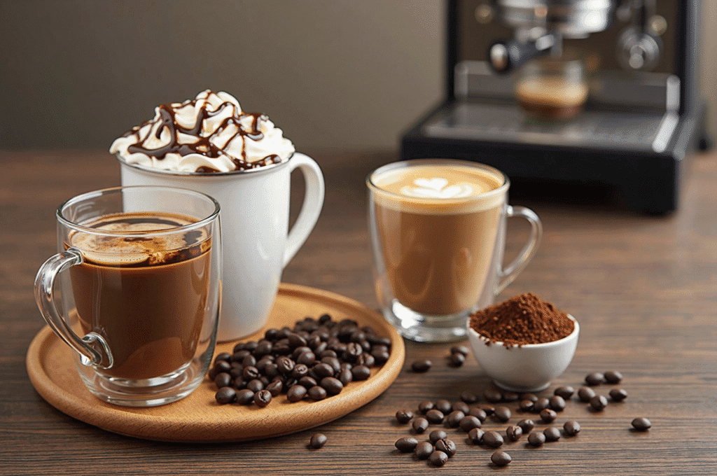 Mochaccino with whipped cream and chocolate drizzle next to espresso and latte showing caffeine content comparison with coffee beans and ground coffee