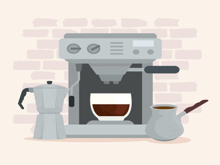 Moka Pot Vs Espresso Machine: 10 Key Differences Explained 5 Illustration of a moka pot, an espresso machine brewing coffee into a cup, and a cezve coffee pot on a light background