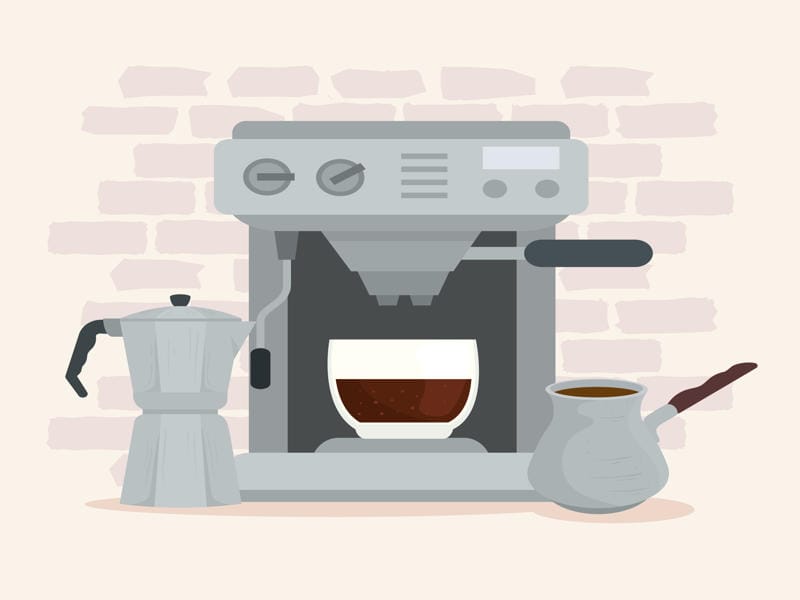 Illustration of a moka pot, an espresso machine brewing coffee into a cup, and a cezve coffee pot on a light background