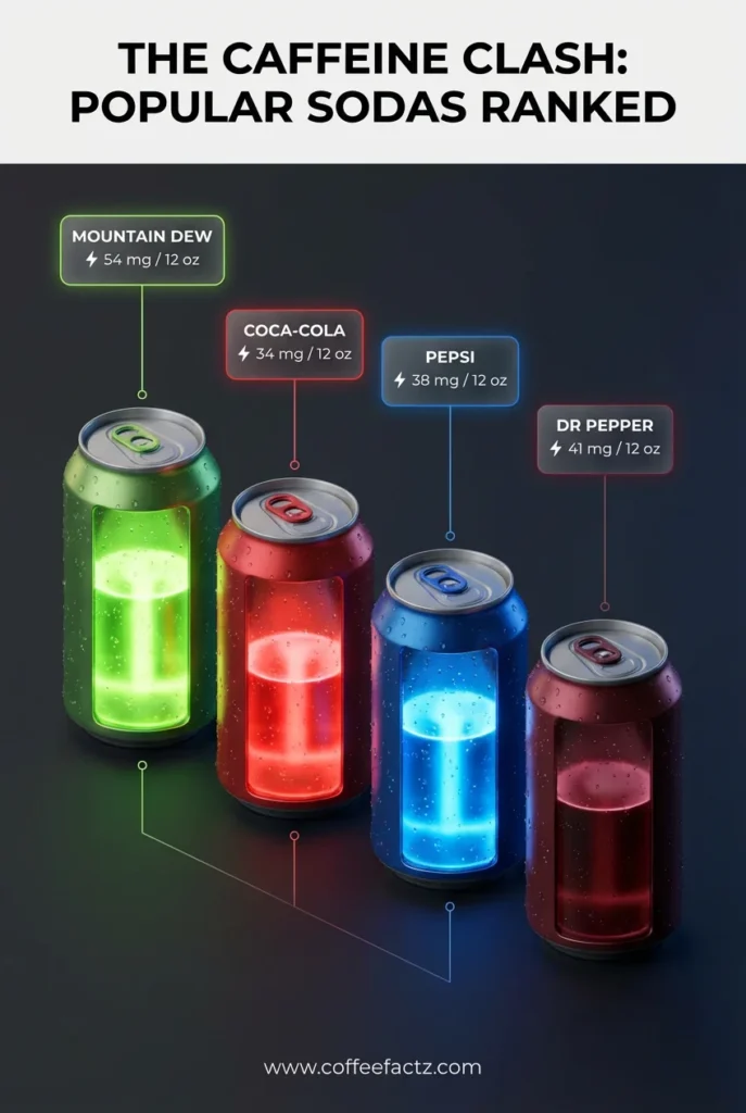 An infographic titled "The Caffeine Clash" showing four soda cans with glowing liquid levels representing caffeine content: Mountain Dew (54 mg), Dr Pepper (41 mg), Pepsi (38 mg), and Coca-Cola (34 mg) per 12 oz serving.