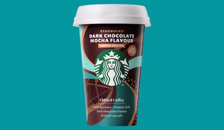 Close-up of Starbucks dark chocolate mocha coffee with whipped cream and chocolate drizzle in a clear glass cup
