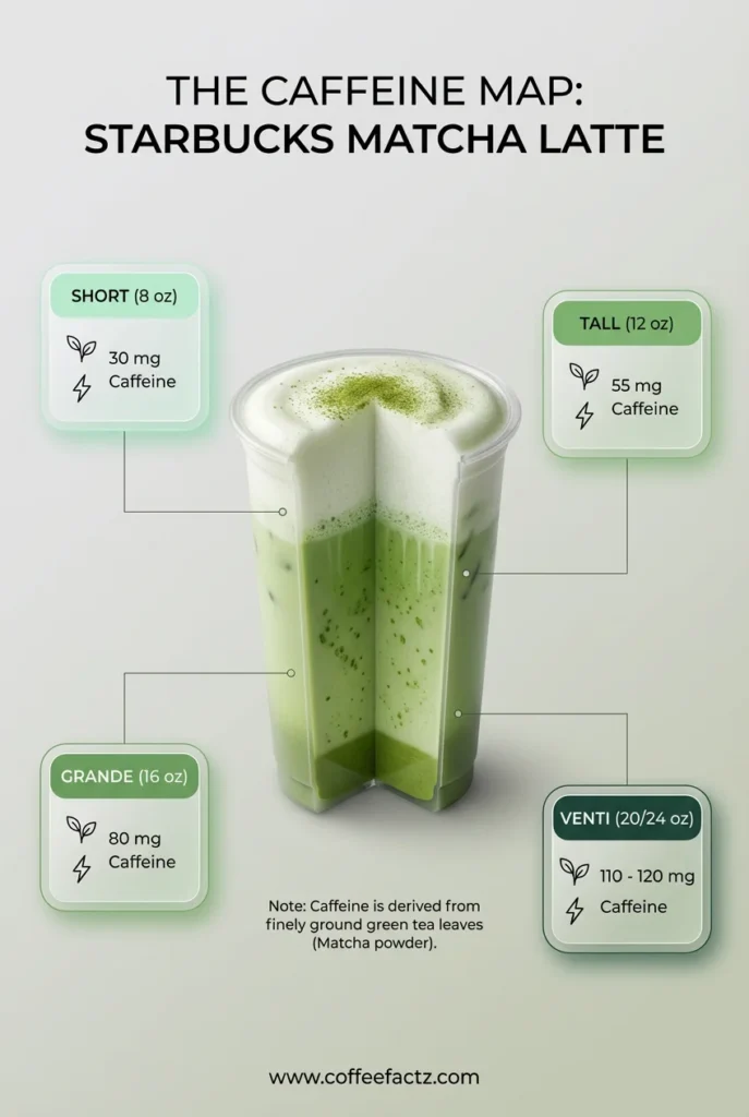 A clean infographic showing a 3D cutaway of a Starbucks Matcha Latte with caffeine data: Short (30mg), Tall (55mg), Grande (80mg), and Venti (110-120mg).