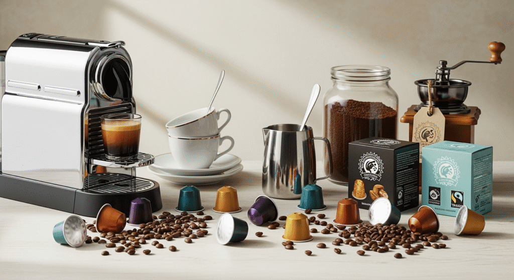 Assortment of Nespresso-compatible coffee pods from top brands including Bestpresso, ROSSO CAFFÈ, Starbucks, ESPRESSO ITALIA, and Solimo, alongside coffee beans and preparation equipment