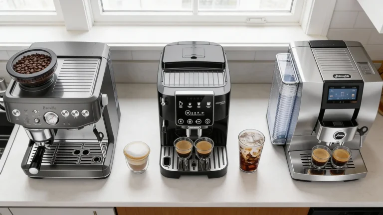 Comparison of the best bean to cup coffee machines featuring Breville, De'Longhi, and Jura models side by side.