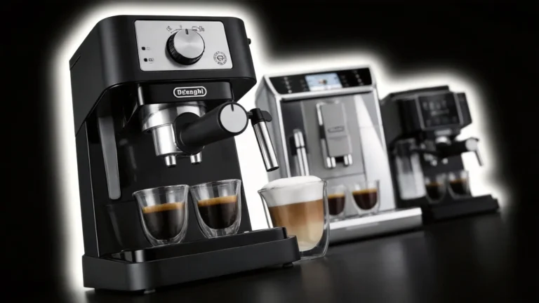 A lineup of various coffee makers including manual and automatic models, showcasing the best DeLonghi espresso machine options for different budgets.