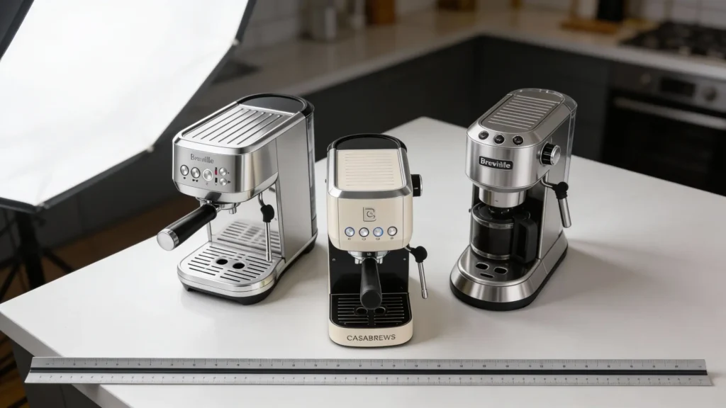 Best Small Espresso Machines Without the Marketing Lies IN 2026 4 A side-by-side size comparison of the best small espresso machines from Breville and Casabrews, featuring a ruler to show actual dimensions.
