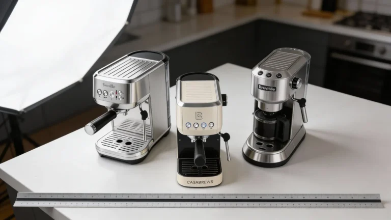 A side-by-side size comparison of the best small espresso machines from Breville and Casabrews, featuring a ruler to show actual dimensions.