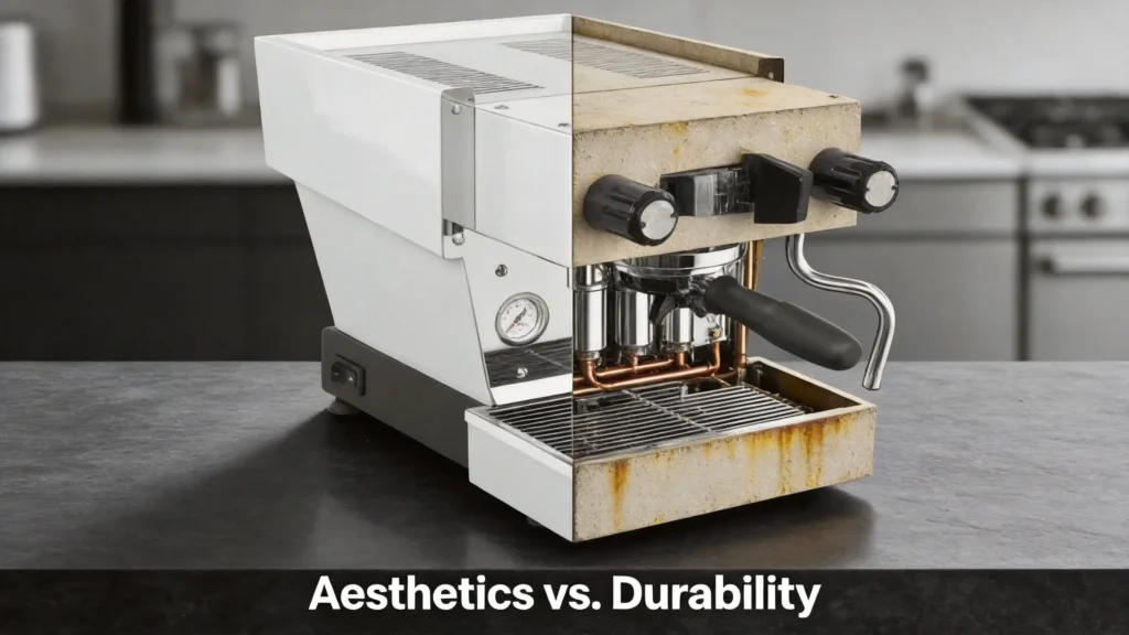 A split-screen comparison of a pristine white espresso machine versus a yellowed, aged version showing internal components to illustrate aesthetics vs. durability.