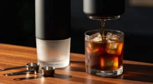 Cold brew coffee being poured into a glass with ice cubes, next to a frosted glass and metal measuring spoons on a wooden surface.