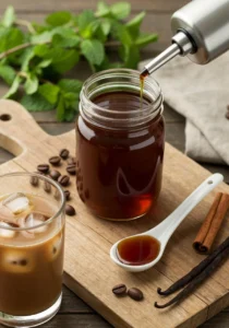 Homemade coffee syrup being poured into a jar, surrounded by coffee beans, cinnamon sticks, vanilla pods, and a glass of iced coffee on a wooden board.