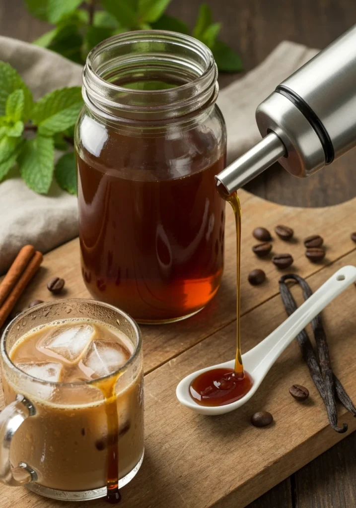 Homemade coffee syrup being poured from a stainless steel dispenser into a white spoon, with a glass of iced coffee, cinnamon sticks, vanilla pods, and coffee beans on a wooden board.

