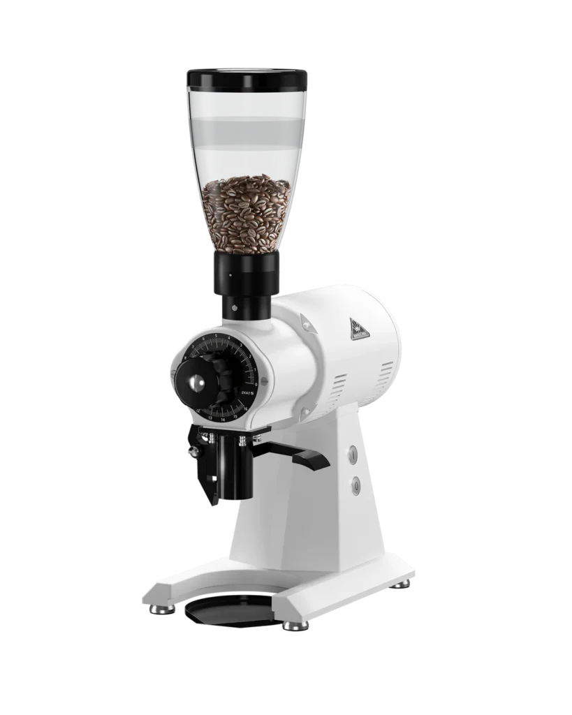 White Mahlkönig EK43 S professional allround coffee grinder with coffee beans in the hopper.