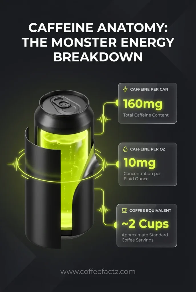 A professional infographic titled 'Caffeine Anatomy' showing a 3D exploded view of a black Monster Energy can with glowing green liquid. Data points show 160mg caffeine per can, 10mg per ounce, and an equivalent of approximately 2 cups of coffee.