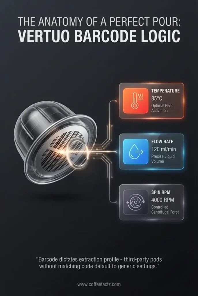 Infographic explaining Nespresso VertuoLine barcode logic and how it controls extraction parameters like temperature, flow rate, and spin RPM.