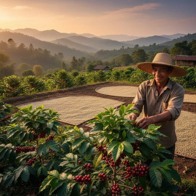 Coffee farmer harvesting ripe coffee cherries on plantation during cultivation process