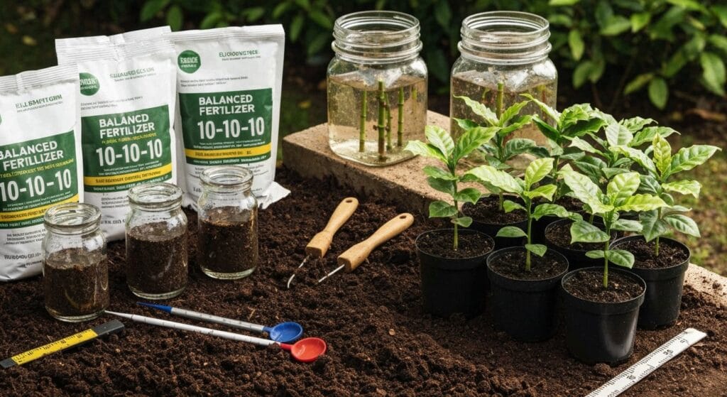 Balanced 10-10-10 fertilizer bags, coffee seedlings in pots, soil samples in jars, seed soaking in water, and gardening tools arranged on rich soil for successful coffee plant propagation and fertilization.

