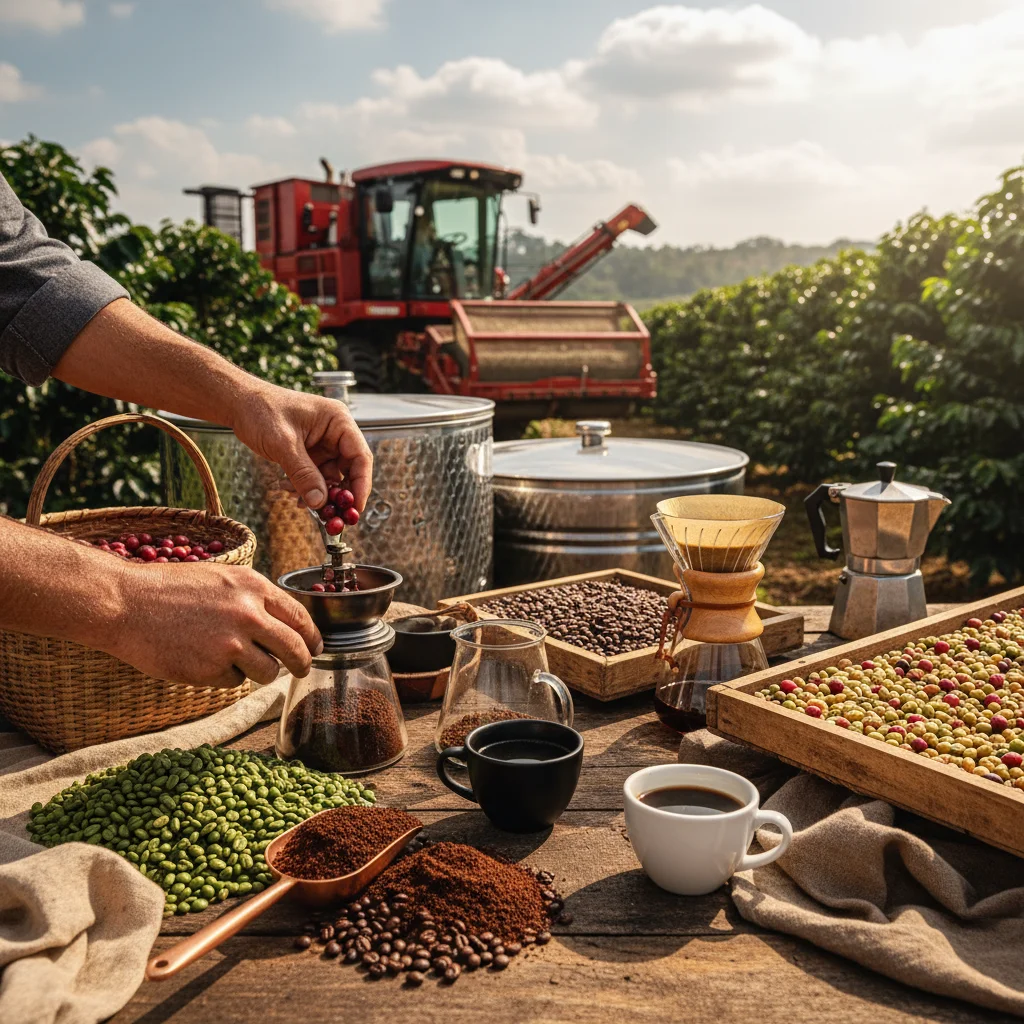 Hands grinding fresh coffee cherries with coffee beans, ground coffee, green coffee beans, and coffee brewing equipment on a rustic table, with coffee plants and harvesting machinery in the background.