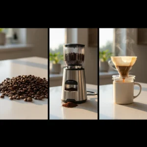 Step-by-step guide showing how to make coffee from beans with grinding and brewing process