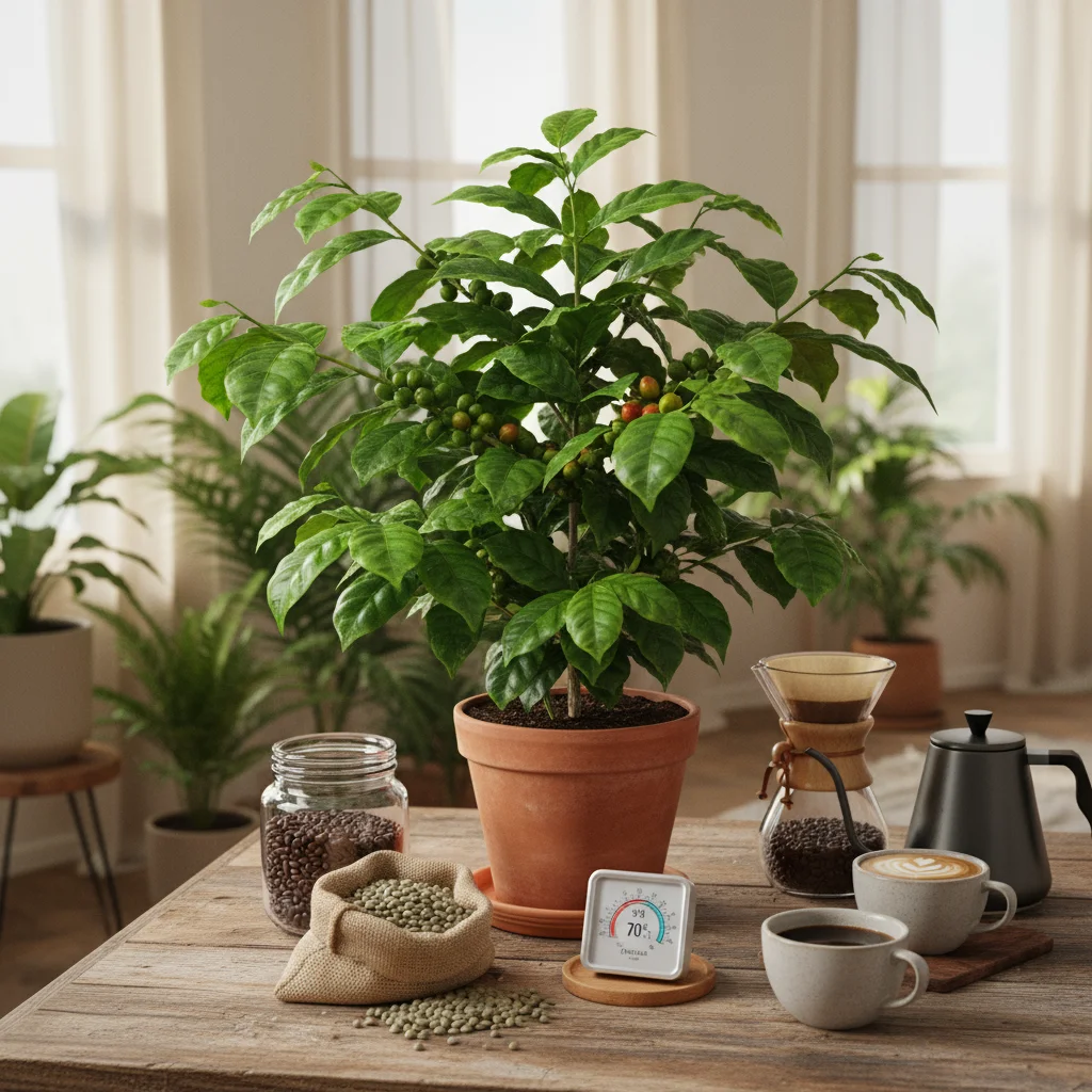 Healthy indoor coffee plant with green coffee cherries in a terracotta pot, surrounded by coffee beans, brewing tools, and a humidity-temperature gauge showing ideal indoor climate conditions.