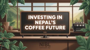 Digital display board showing 'Investing in Nepal's Coffee Future' message, with NIBL Himalayan Java branding