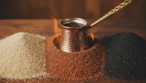 3 Best Turkish Coffee Sands for the Perfect Brew at Home 10 A traditional copper Turkish coffee pot (cezve) brewing coffee in hot sand, surrounded by three distinct piles of Turkish coffee sands for a perfect brew at home.