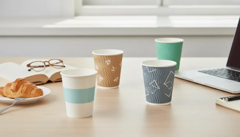 Four assorted 6oz disposable paper coffee cups with unique designs, displayed on a desk alongside a croissant, open book, and laptop, suitable for various occasions.