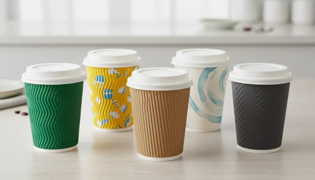 Five assorted 12-ounce disposable paper coffee cups with lids, showcasing various designs and textures, ideal for hot beverages.
