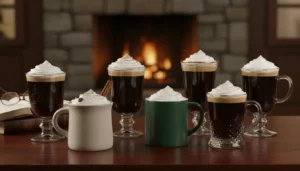 Seven Irish coffee cups, each topped with whipped cream, showcasing various styles and designs, set in front of a warm fireplace.