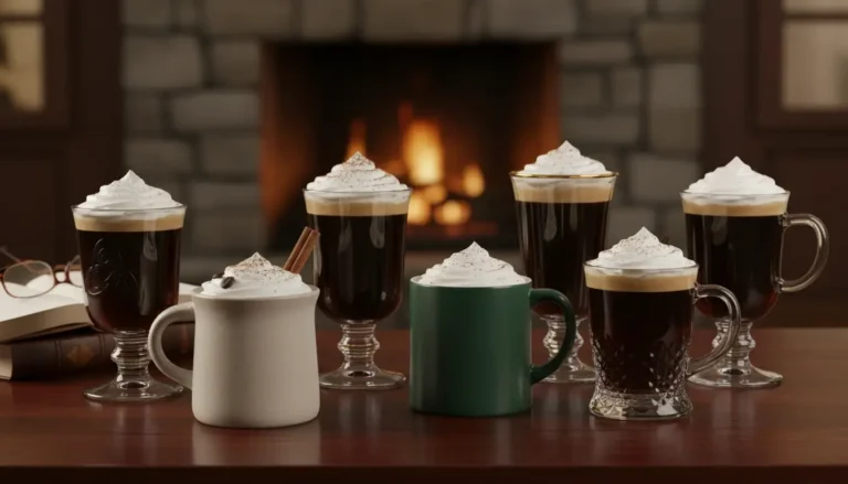 Seven Irish coffee cups, each topped with whipped cream, showcasing various styles and designs, set in front of a warm fireplace.