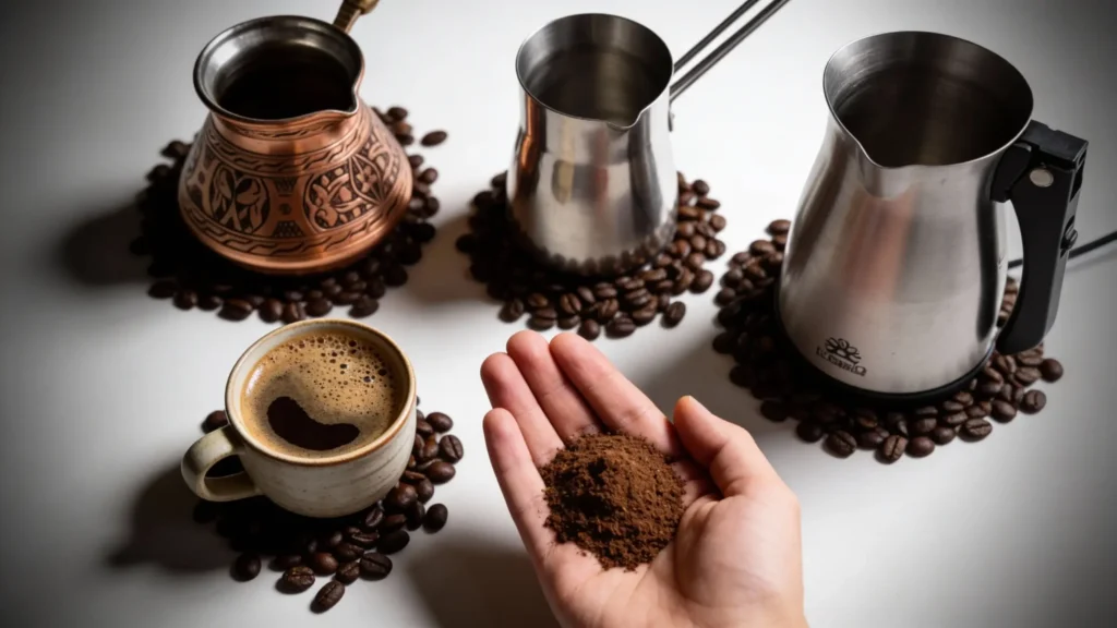 Best Turkish Coffee Pots That Won't Sabotage Your Morning IN 2026 3 A comparison of the best Turkish coffee pots featuring a traditional ornate copper cezve and modern stainless steel models next to finely ground coffee.
