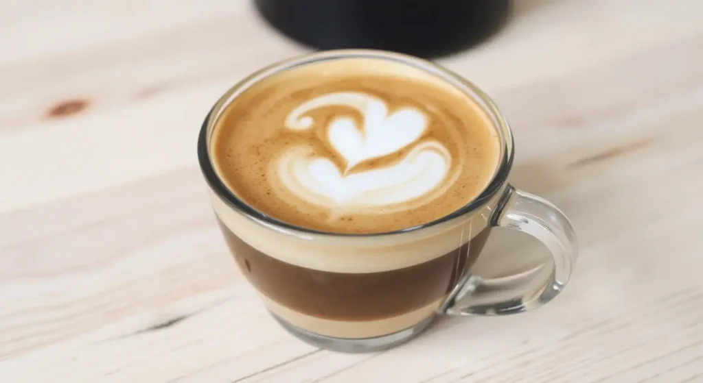 Illustration showing step-by-step assembly of cappuccino layers: espresso base, steamed milk, milk foam, and cocoa garnish