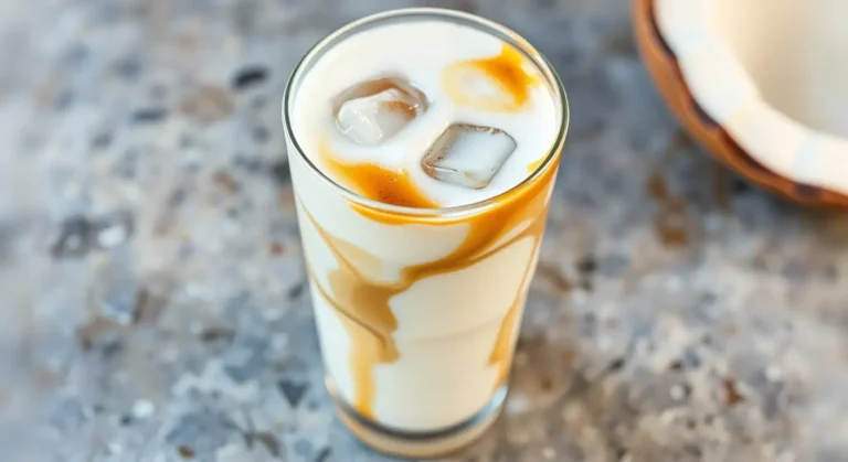 A delicious coconut latte made with coconut milk and topped with whipped cream