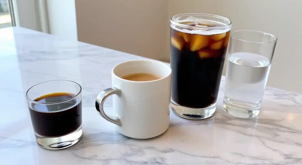Illustration comparing espresso, drip coffee, cold brew, and other coffee types with their calorie counts