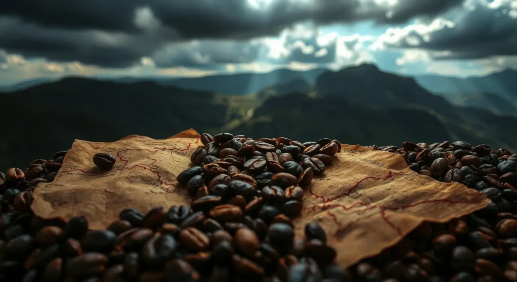 A cup of coffee with a dark and mysterious background, representing the hidden history of big coffee brands