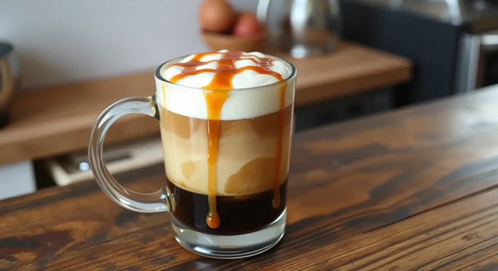 Homemade Caramel Macchiato Masterclass: 3 Simple Steps to Café Flavor 1 Homemade caramel macchiato in a glass with layered steamed milk, espresso, foam, and caramel drizzle topping
