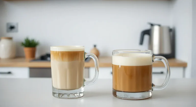 A latte with a nutrition label showing calories, carbs, and fat content