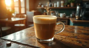 Một ly latte đang được rót vào cốc, với một barista đang mỉm cười ở hậu cảnh