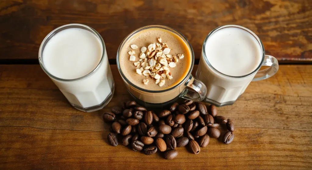 Variety of milk choices including cow dairy milk almond oat soy and plant-based alternatives