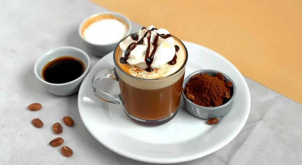 Illustrative guide showing a cup of mocha coffee with layers of espresso, chocolate syrup, and frothy milk