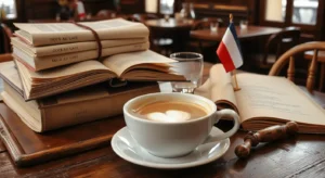 Illustration of a steaming cup of cafe au lait, showing coffee mixed with milk, with subtle French flag colors in the background
