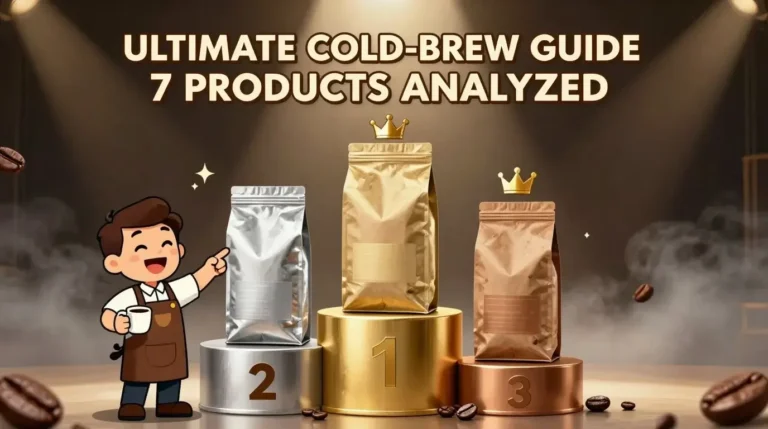 Illustrated scene of a cartoon barista presenting the winner of the Best Cold Brew Coffee competition, showing three generic product bags on gold, silver, and bronze podiums.